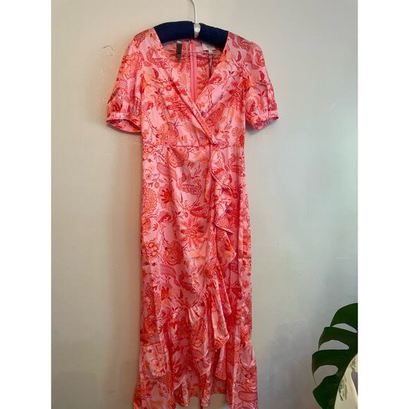 Cinq à Sept faux-wrap-front bodice ruffled hem dress Kay satin midi-dress size 4 - Picture 9 of 10